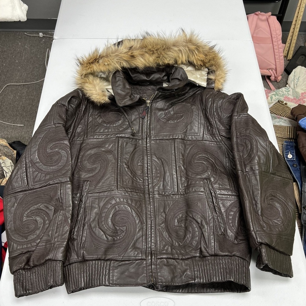 Bubble Well USA Leather Bomber Jacket womans L Brown Embossed Swirl Hooded